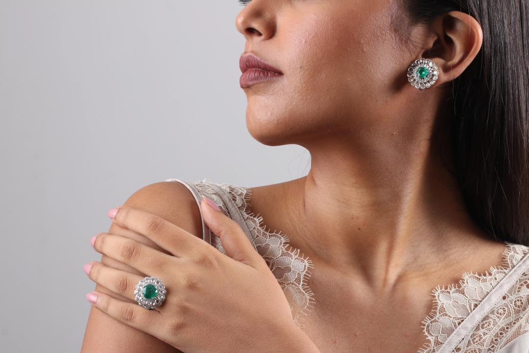 HEXALUXE' EMERALD AND PEAR  SHAPE BRILLIANT & ROSE CUT DIAMOND EARRINGS