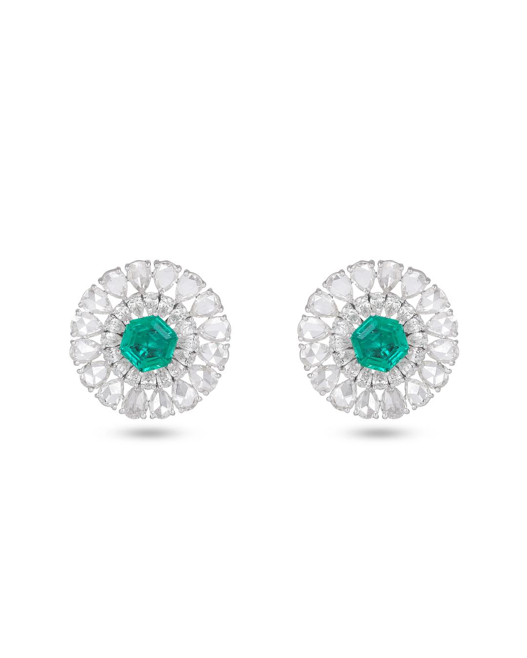 HEXALUXE' EMERALD AND PEAR  SHAPE BRILLIANT & ROSE CUT DIAMOND EARRINGS