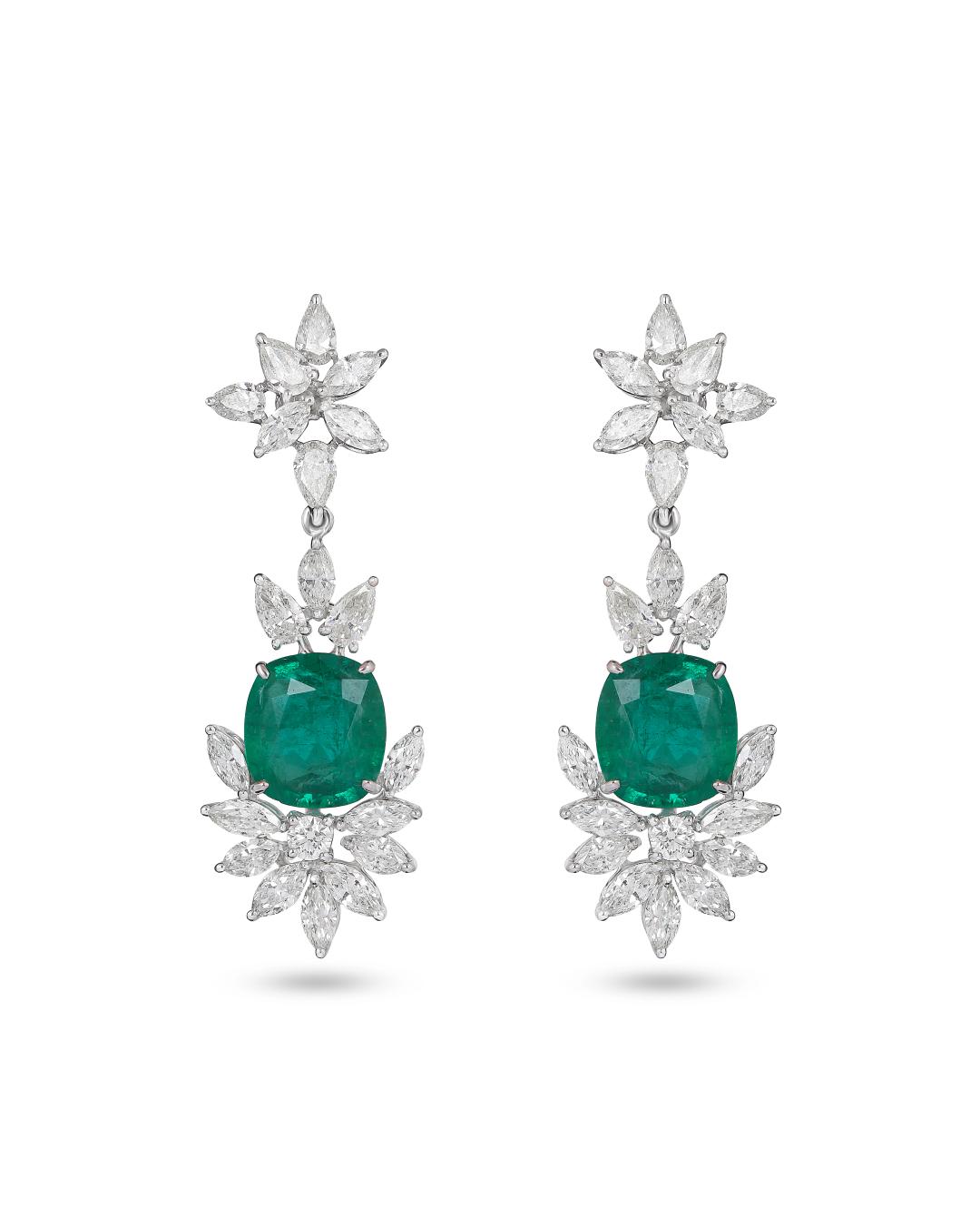 SELENE' EMERALD AND PEAR MARQUISE DIAMOND EARRINGS