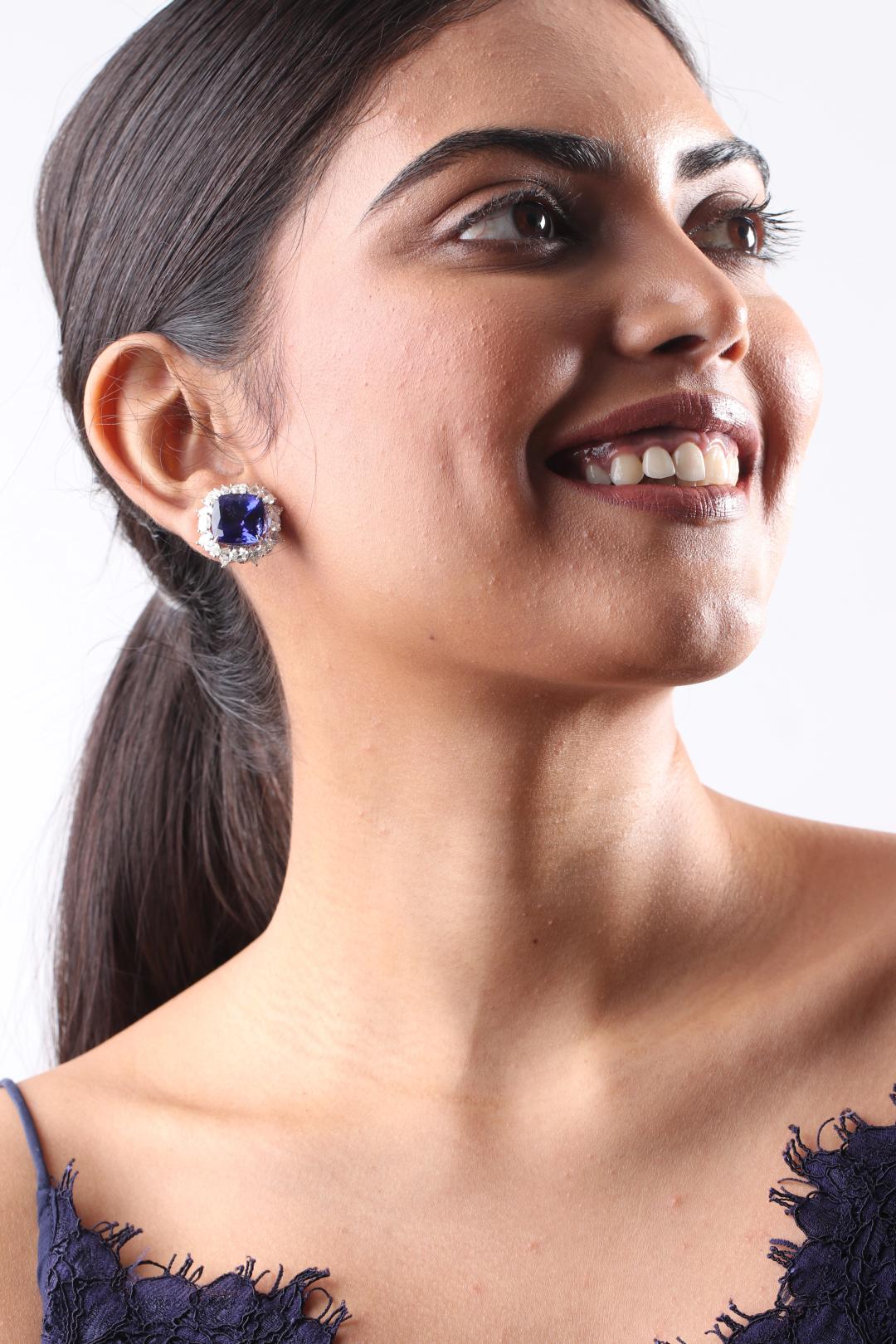 TWILIGHT' TANZANITE AND OVAL PEAR DIAMOND EARRINGS