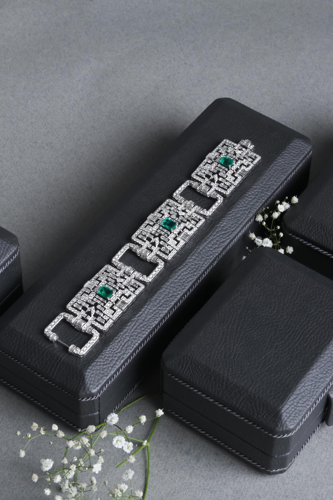 DECORA' Emerald and Diamond Art Deco Statement Bracelet